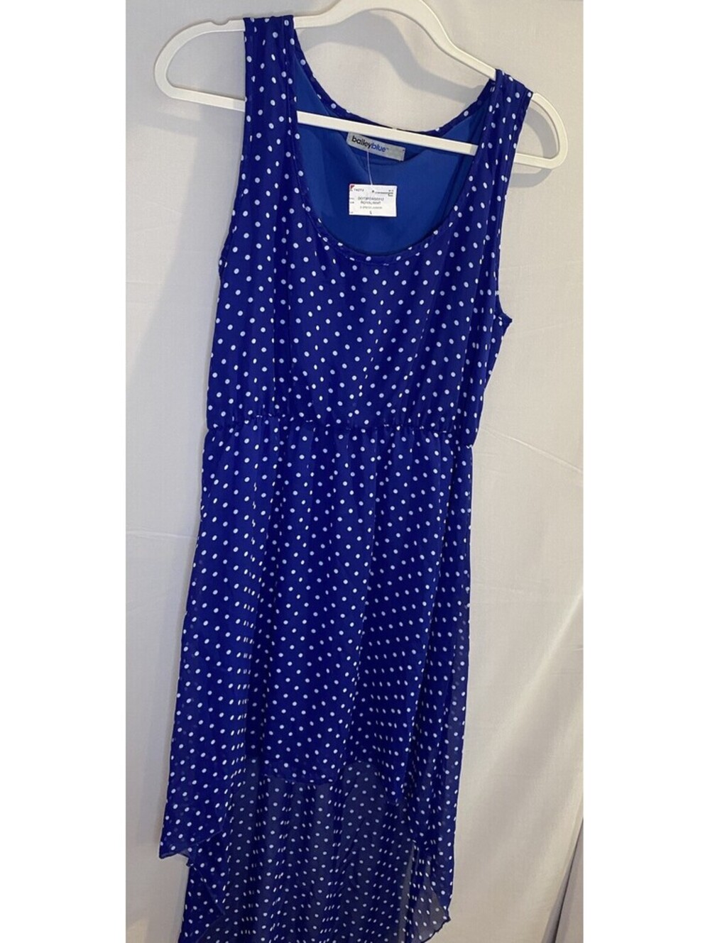 Blue Polka Dot Dress Large NWT High Low Sheer Party Bailey Lightweight White
